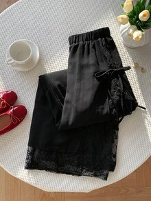 Comfortcana 女式休闲黑色花卉网眼拼接侧系带阔腿裤 - 黑色 - 查看 5