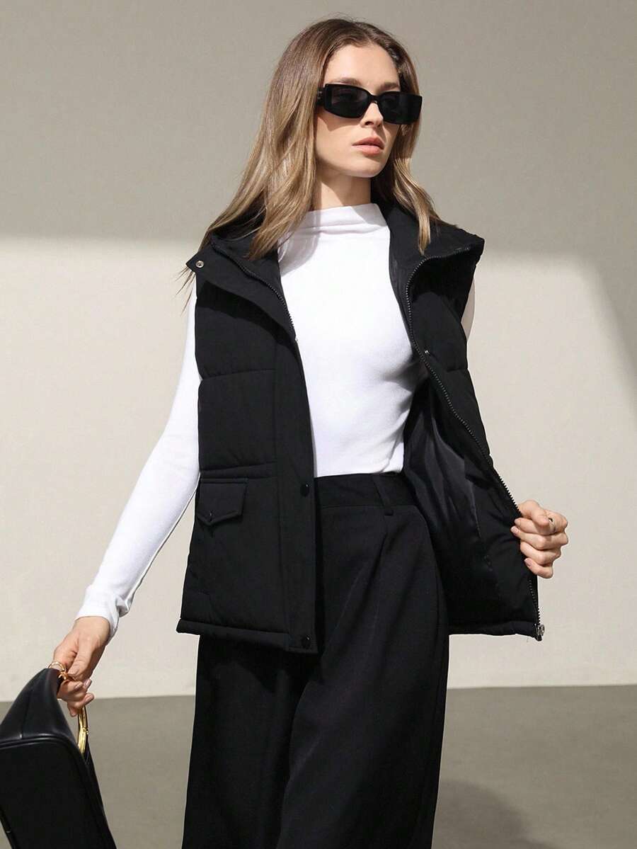 Aveloria Modichic 新款时尚简约连帽背心,抽绳拉链休闲无袖棉服外套,适合女士 - 黑色 - 查看 1