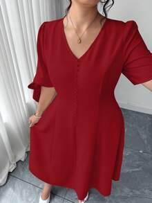 Elenzga Plus Size Women's Solid Color Button Design V-Neck Bowknot Short Sleeve Elegant Dress - Red - View 8