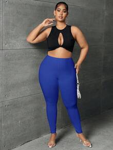 SHEIN SXY Plus Size Women Casual Navy Blue Elastic Waist Leggings - Royal Blue - View 4