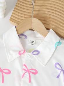 SHEIN 2 件套青少年女孩彩色蝴蝶结荷叶边短袖白衬衫 + 紫色宽松阔腿裤，休闲日常和节日装，夏季 - 彩色 - 查看 6