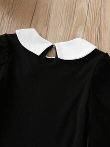 SHEIN Tween Girl Peter Pan Collar Tee & Houndstooth Pleated Skirt - Black - View 8