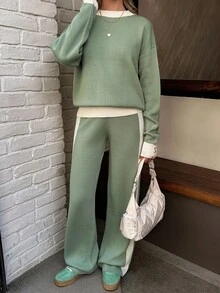 EURMUSE 女款鼠尾草綠寬鬆針織套裝 2 件組，白色對比滾邊毛衣搭配高腰針織長褲，舒適休閒居家服套裝，冬季衣物 - 綠色 - 查看 5