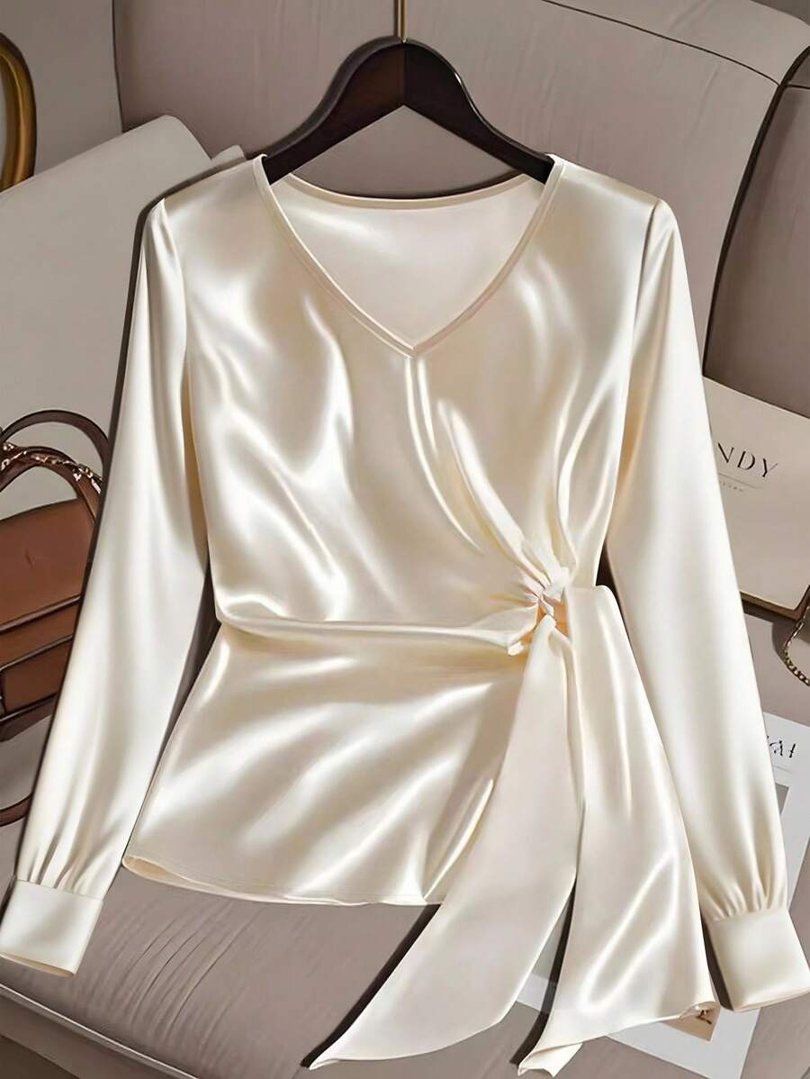 Franclia Women's Commuting Loose Long Sleeve Poplin Cinched Waist Fashionable Shirt Fall Cloth For Women - Apricot - View 1