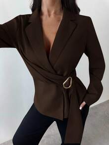 Firerie Damen Jacke mit Metalldekoration in Braun-Grau, Imitat Leinen, Anzugjacke/Herbstmode Damen/Herbstoutfits Damen/Herbstoutfits/Schulanfang/Homecoming/Business Lässig Damen/Old Money Stil Damen/Bürooutfits für Damen/Ausgehoutfits