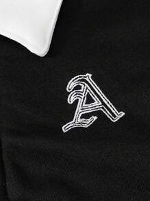 SHEIN 小男孩半拉鍊 Polo 套裝，字母刺繡領口上衣搭配側邊拼接長褲 2 件套，春秋日常休閒裝，花童造型 - 黑色 - 查看 8