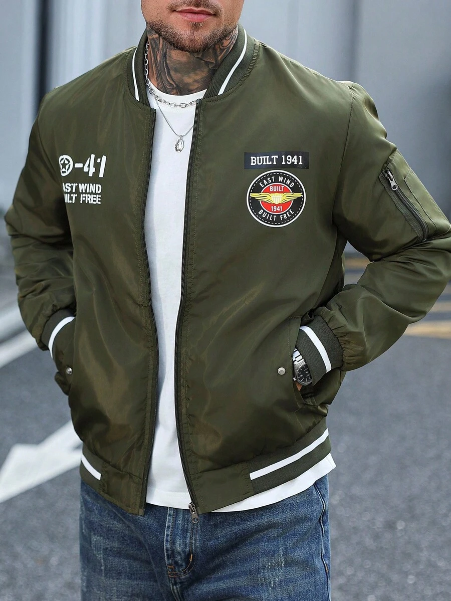 Manfinity Homme 男士长袖秋季字母印花拉链休闲飞行员夹克 橄榄绿 - 軍綠色 - 查看 1