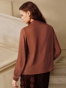 Savoree Women High Collar Long Sleeve Tie Neck Elegant Chic Office Top, Butterfly Decor Blouse