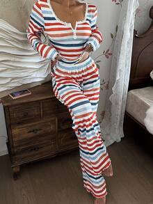 SHEIN ZzzCrew Women's Casual Colorful Striped Print Lace Trim Square Neck Button Front Long Sleeve Top & Pants 2 Piece Lounge Sets, Pajama Set, Fall Clothes  Cozy And Elegant Details