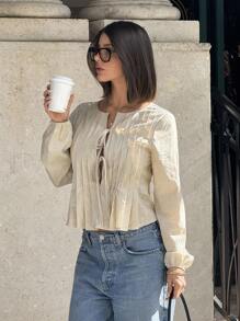 Siren Gaze 女士褶皱圆领系带长袖衬衫 - 杏色 - 查看 9