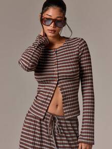AiiRZ Striped Button Front Crop Top And Wide Leg Palazzo Pants Co-Ord Set With Drawstring Waist - Fall Winter Lounge Set - Multicolor - View 4