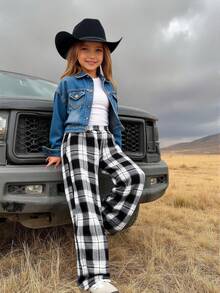 SHEIN Tween Girl Woven Plaid Loose Casual Pants