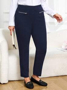 Plus Size Solid Color Zipper Casual Versatile Pants - Navy Blue - View 3
