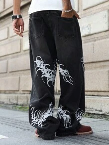 PAVTROS 街头风格图案印花宽松男士牛仔裤垃圾摇滚阔腿裤男士朋克阔腿裤男士哥特式阔腿牛仔裤 - 黑色 - 查看 2
