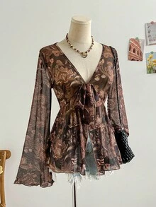 Soleia 女士复古印花V领前系蝴蝶结喇叭袖不对称荷叶边下摆罩衫，适合度假、约会、下午茶、海滩、邮轮、海岛度假、城市旅行、音乐节、波西米亚风复古棕色上衣 - 棕色 - 查看 6