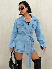 EURMUSE LOOSE DENIM JACKET DROPPED SHOULDER BELTED