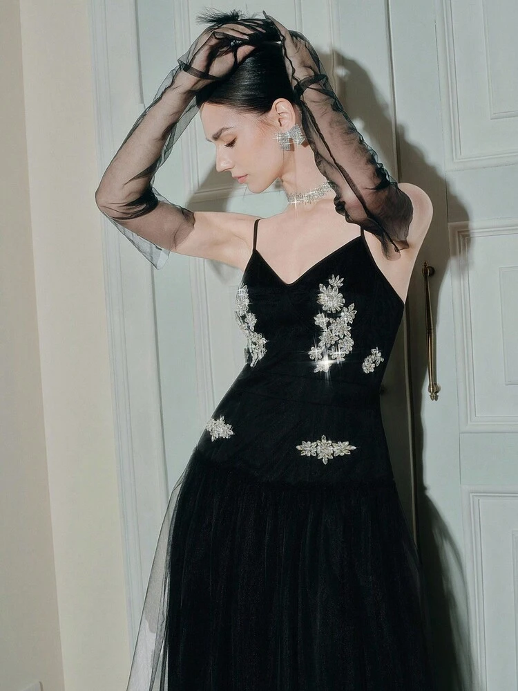 여성용 우아한 쉬폰 모조 다이아몬드 장식 스파게티 스트랩 라이트 칵테일 드레스, 가을 결혼식 하객 드레스