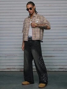 AXEPEAK Men's Washed Distressed Jeans, Loose Casual Rhinestone Embellished Unique Pants - Blue - View 5