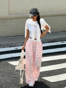 SHEIN Quần ống rộng dệt sọc xanh trắng tương phản, thường ngày, đa năng, dành cho bé gái tuổi teen - Hồng - Xem 4