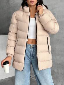 SHEIN Tall Zip Up Slant Pocket Padded Coat With Fuzzy Trim Fur Hood - Brown - View 4