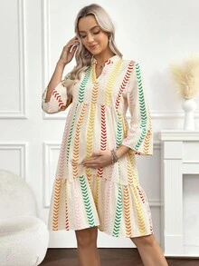 SHEIN Pregnant Women's Line Print Notched Neck Flare Sleeve Ruffle Hem Dress