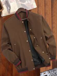 Manfinity Homme Chaqueta de béisbol casual de manga larga a rayas y de una sola hilera para hombres, otoño - Caqui - Ver 1