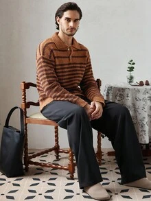 Manfinity Homme 男士条纹长袖 Polo 领休闲毛衣，秋季 - 彩色 - 查看 4