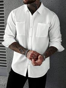Manfinity Homme Camisa Social Casual de Manga Longa com Botões e Cor Sólida para Homens, Camisa Social Casual de Manga Longa com Botões, Textura de Cor Sólida, Bolsos Duplos e Amassado para Homens, Outono - Branco - Visão 4