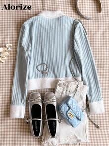 Autumn/Winter Cropped Tight Knit Cardigan Sweater With French Fur Collar For Tween Girls Fall - Dusty Blue - View 2