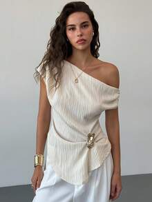 Aloruh Women's Solid Color Pleated Asymmetric Shoulder Fashion Blouse,Summer Top - Apricot - View 8