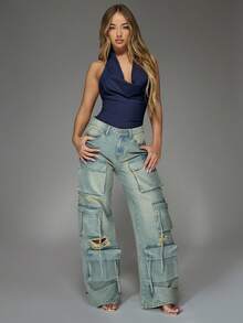 MISSGUIDED Bộ đồ liền thân cổ yếm thanh lịch, hở lưng, thích hợp cho tiệc tối, câu lạc bộ, không tay, cổ khoét sâu, mùa thu đông. - Màu xanh hải quân - Xem 6
