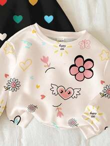 SHEIN 3 件套女婴休闲宽松圆领运动衫，带有可爱的多巴胺、花卉、心形图案，经典黑色、奶油白色、奶油粉色，舒适柔软，适合秋冬季 - 彩色 - 查看 3