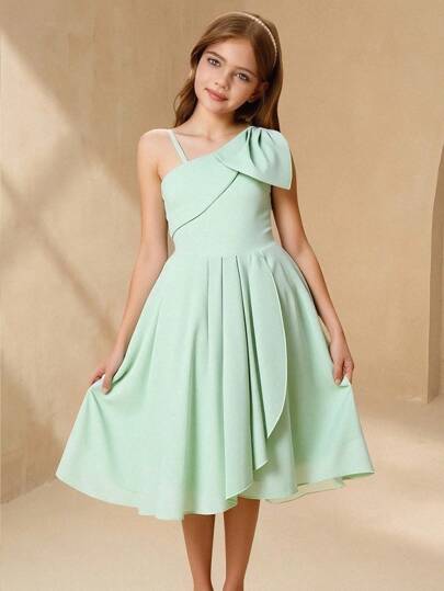 Vestido midi elegante e luxuoso, verde claro, com alças finas e decoração de laço 3D para pré-adolescentes, adequado para festas noturnas, casamentos, aniversários, feriados, Natal, Halloween, formaturas e outras ocasiões