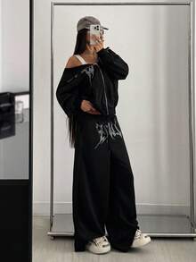 StreetHx 女式复古哥特风格图案印花休闲街头宽松两件套，秋冬，街头服饰 - 黑色 - 查看 4