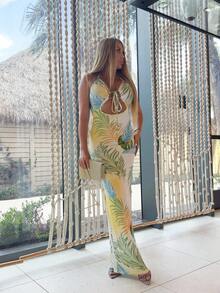 Cioccolato Women's Tropical Plant Print Hollow-Out Sexy Tie Neck Dress, Vacation Wear