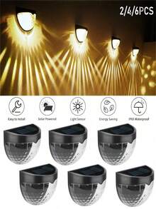 2/4/6 Packs Solar Fence Lights, Solar Deck Lights, Solar Wall Lights, Solar Wall Mount Outdoor Waterproof Fence Lamp, White LED Lamp, Lighting For Garden, Home, Patio, Yard, Garage, Camping, Step Stair Gift For Birthday, Halloween, Christmas Party Decoration (Black - Warm Light)