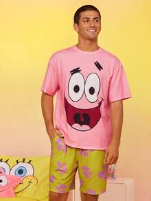 SpongeBob SquarePants | SHEIN Men's Funny Cartoon Print Short Sleeve T-Shirt And Shorts Loungewear Pajama Set, Summer