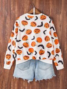Women's Sweatshirt, New Round Neck Sweatshirt, White Digital Printing Pumpkin Smiling Face & Bat Digital Print, Halloween, Mother-Daughter Matching Fall Cloth For Women - Multicolor - View 2