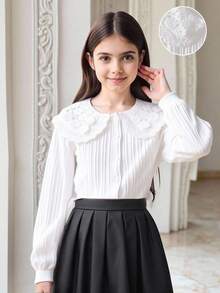 SHEIN Mädchen elegante, süße, niedliche besticktes Bluse mit Peter-Pan-Kragen, aufgeblähte Ärmel Knopfleiste gestreiftes Lässig Prinzessin Hemd, geeignet für Urlaub, Reise, Geburtstag, Frühling/Herbst