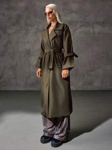 CasuGlow Khaki Relaxed Fit Lightweight Trench Coat For Urban And Office Wear, Soft Breathable Fabric, Adjustable Belt And Cuffs, Perfect For Spring And Autumn Outfits Trench Coat Women Long Coat Long Coats For Women Outerwear Women Womens Olive Green Coat Womens Trench Coat - Khaki - View 7