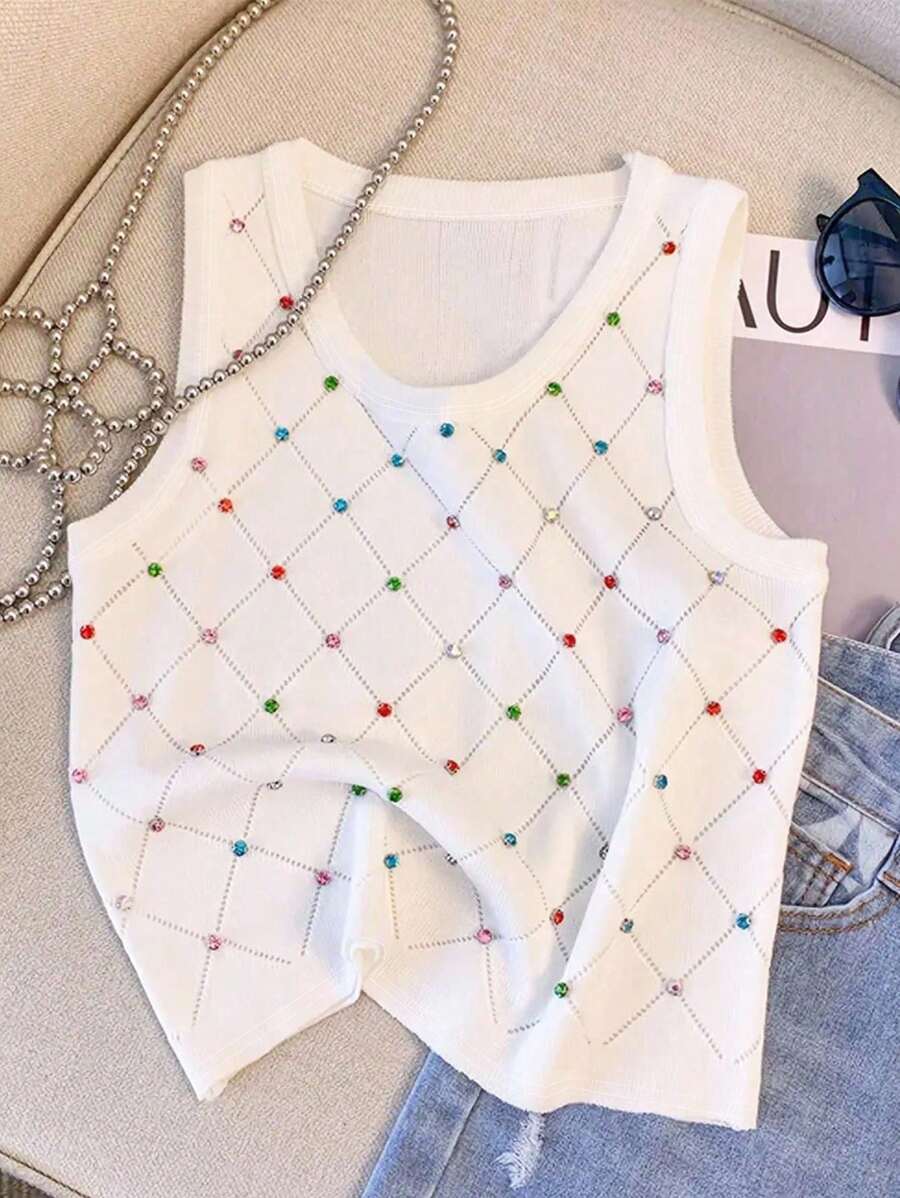 GlowEve Women Summer Fashionable Crystal Embellished Camisole - White - View 1