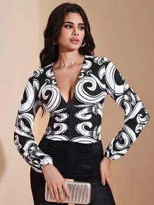 JIAN LASALA 全印花深V领褶裥腰长袖女式上衣，秋季休闲装，适合外出、派对、冬季婚礼宾客等场合，尽显奢华时尚。 - 彩色 - 查看 7