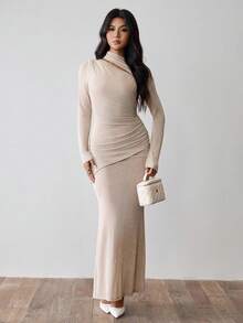 Chiquease Women's Elegant Ruched Waist Side Slit Long Sleeve Bodycon Dress, Autumn/Winter Fall Cloth For Women - Khaki - View 7