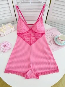 PetitDoll Lace Patchwork Heart Mesh Sexy Bodysuit - Hot Pink - View 7
