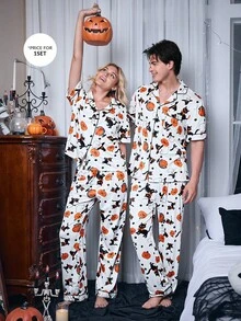 CoupledUp Halloween Pumpkin, Ghost, Magic Cat Print Casual Men Polo Collar Pajama Set - White - View 5