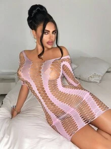 ChaseTheNight 1 件粉色高弹半透明竖条纹镂空渔网连衣裙，适合夜店、舞会、派对 - 粉色 - 查看 5