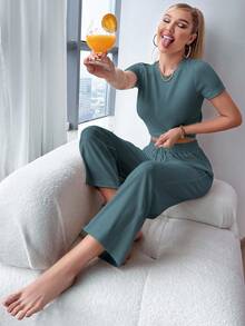 SHEIN 女士纯色圆领插肩短袖上衣和抽绳长裤休闲套装 - 水鴨藍 - 查看 6