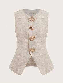 Ellevyn 贝壳金属扣无袖上衣和西装裤套装，优雅时尚，适合通勤和办公室穿着 - 杏色 - 查看 4