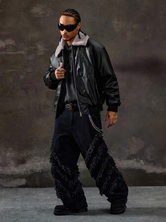 Street Life Men's Fashionable Furry Collar PU Leather Jacket, Autumn/Winter, Grunge