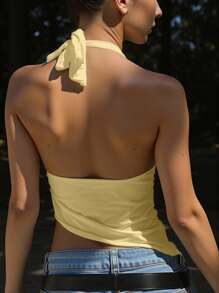INAWLY Summer Casual Solid Color Asymmetric Hem Halter Tank Top - Yellow - View 2